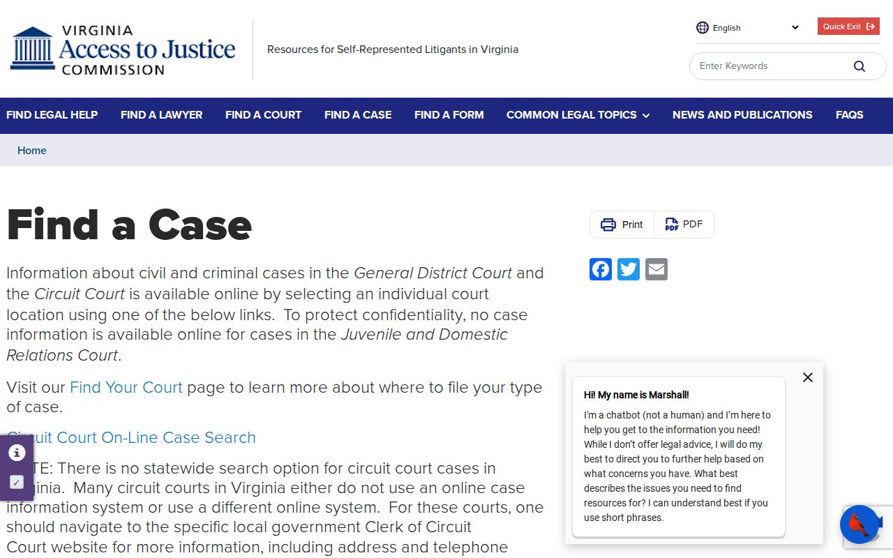 James City County criminal court case guidance for finding online records