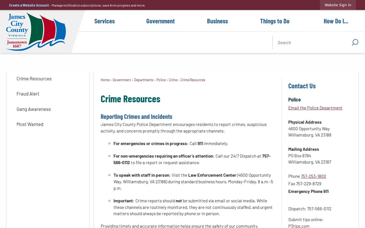 James City County arrest records and Police reporting page