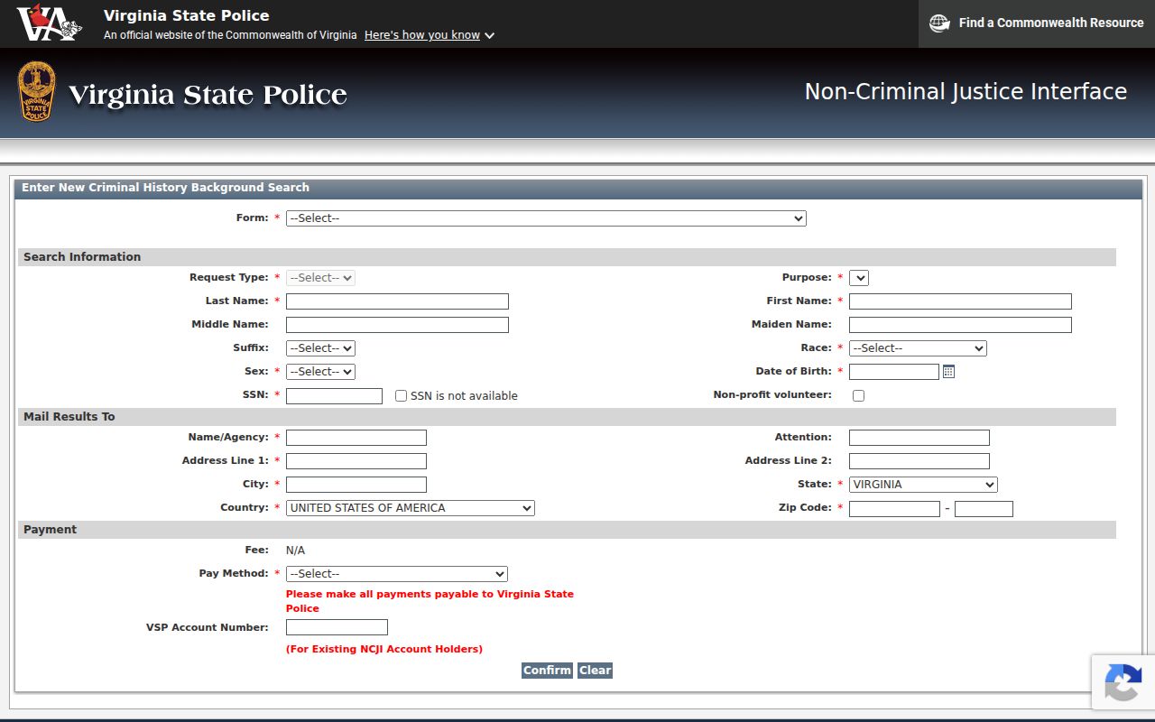 James City County criminal history SP-167 request interface