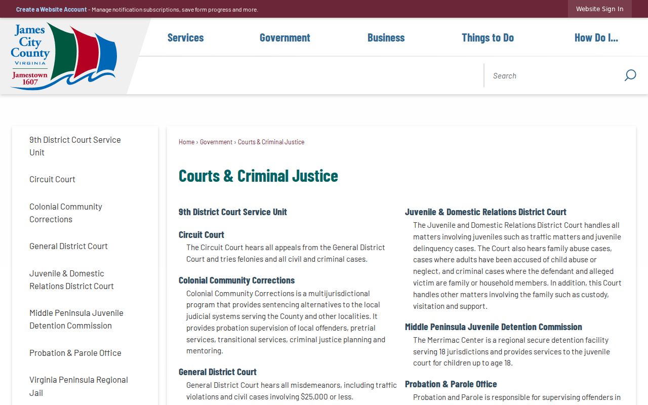 James City County criminal history courts and justice offices
